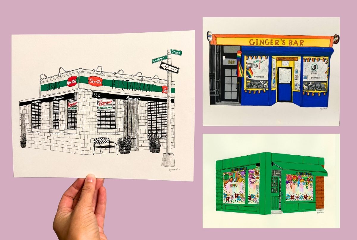 Illustrated art prints of different NYC bars and restaurants.