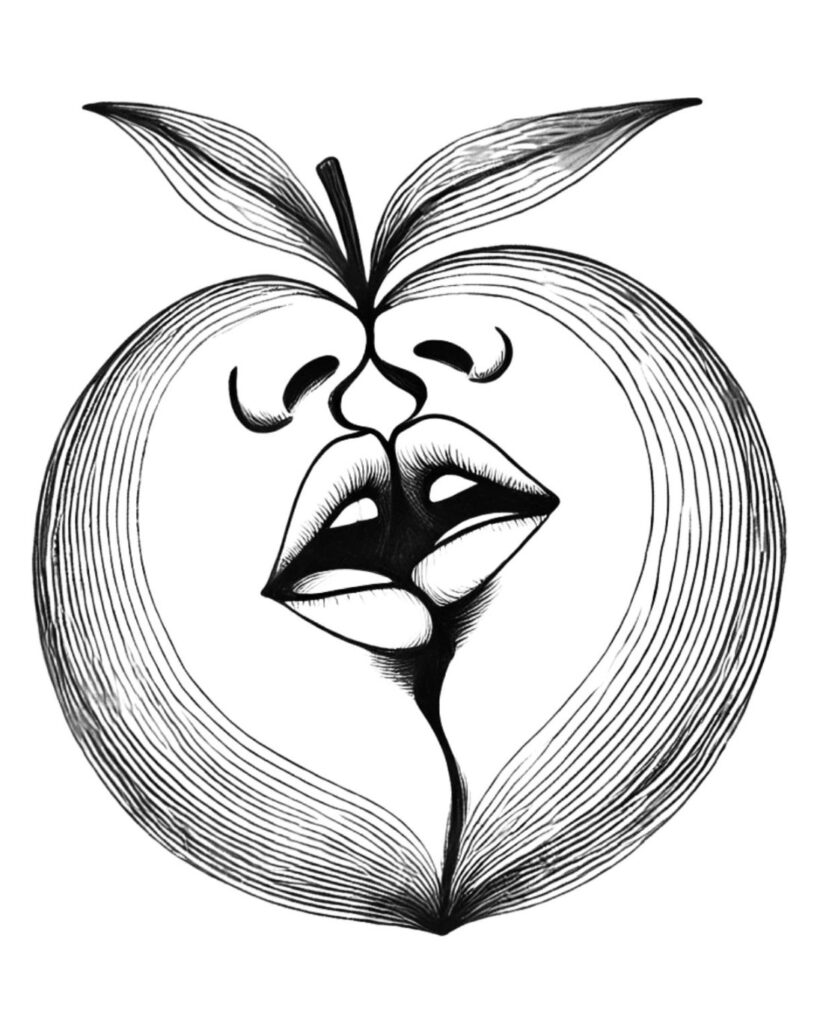 A minimalist pencil illustration of two faces about to kiss inside a fruit.