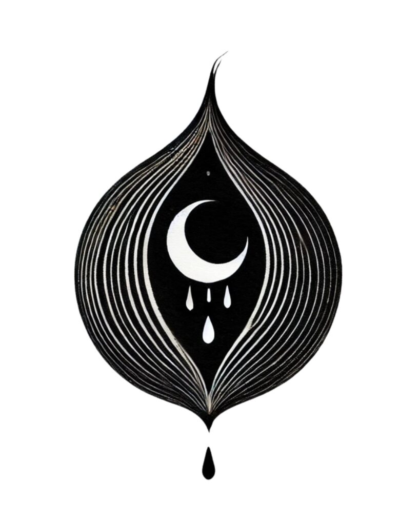 A minimalist pencil illustration of an onion with a crescent moon and tears inside it.