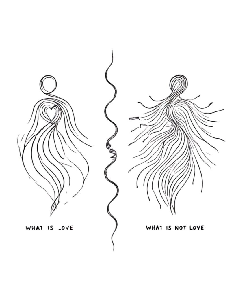 A minimalist pencil illustration of two figures, separated by a wobbly line.