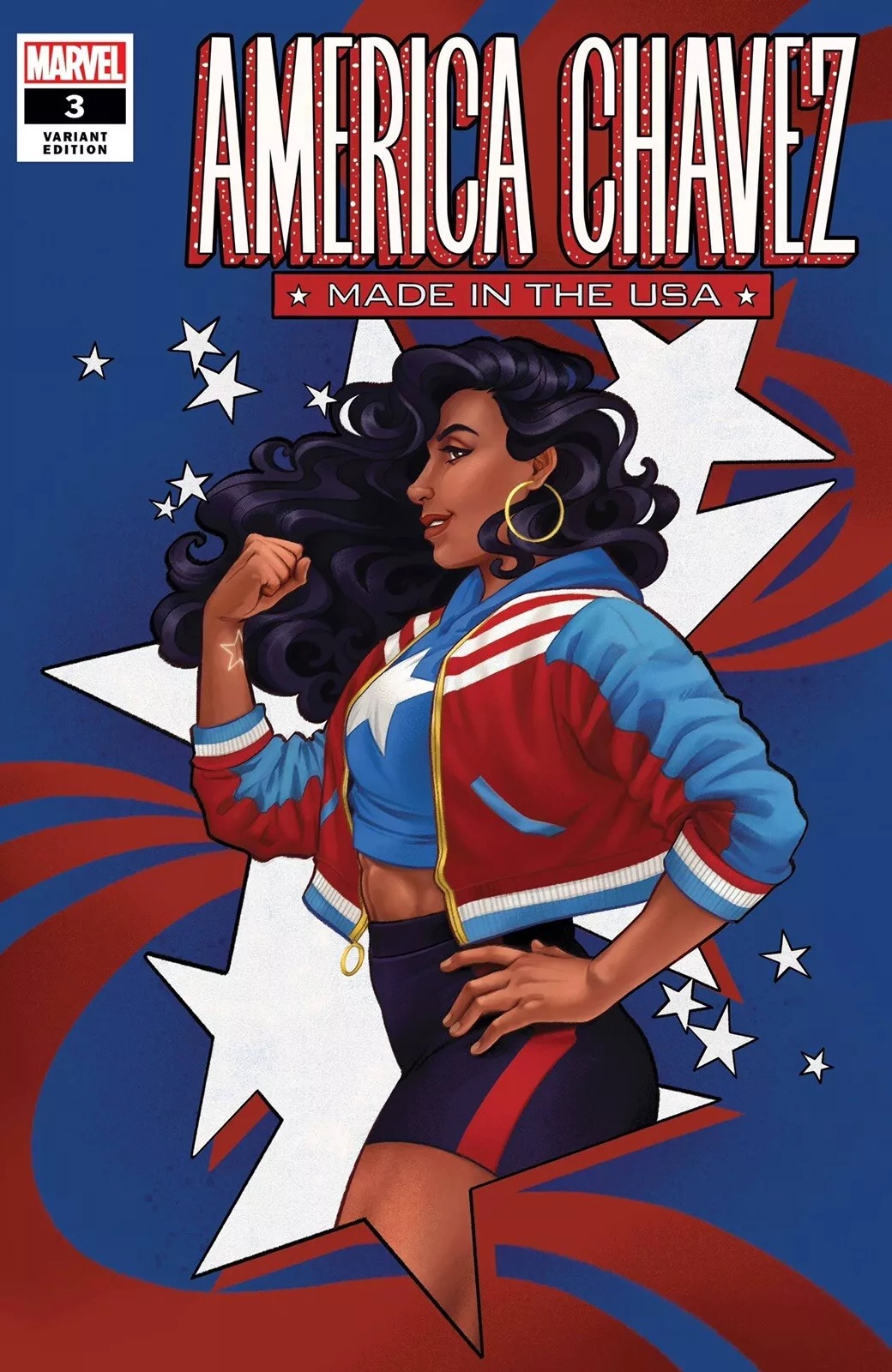 A blue and red comic book cover of a lesbian superhero.