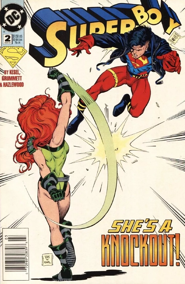 A comic book cover of a lesbian superhero fighting a male superhero.