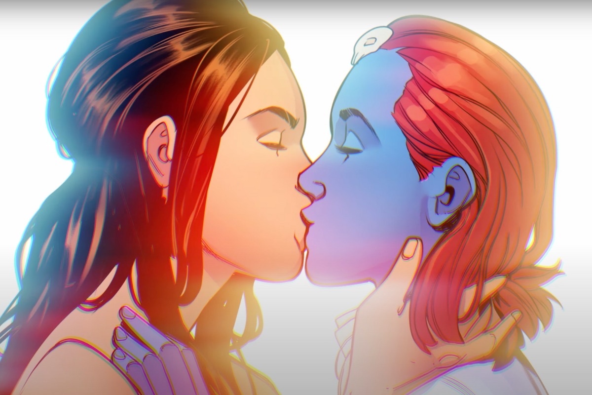 An illustration of a woman with brown hair and a woman with red hair and blue skin kissing.