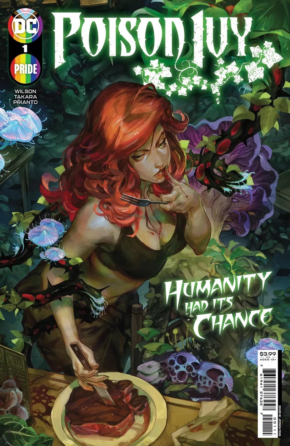 A comic cover of a lesbian superhero in a garden.