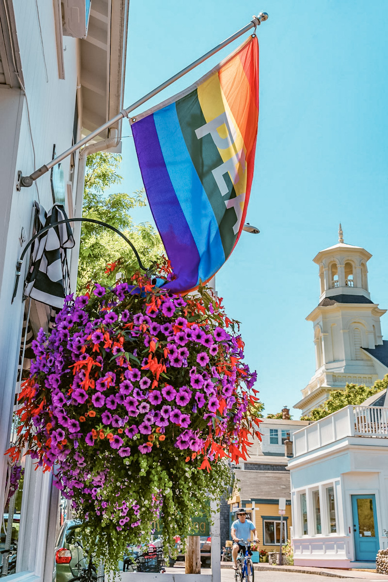 A street side in Provincetown, Massachusetts with rainbow Pride flag and a bush of flowers.