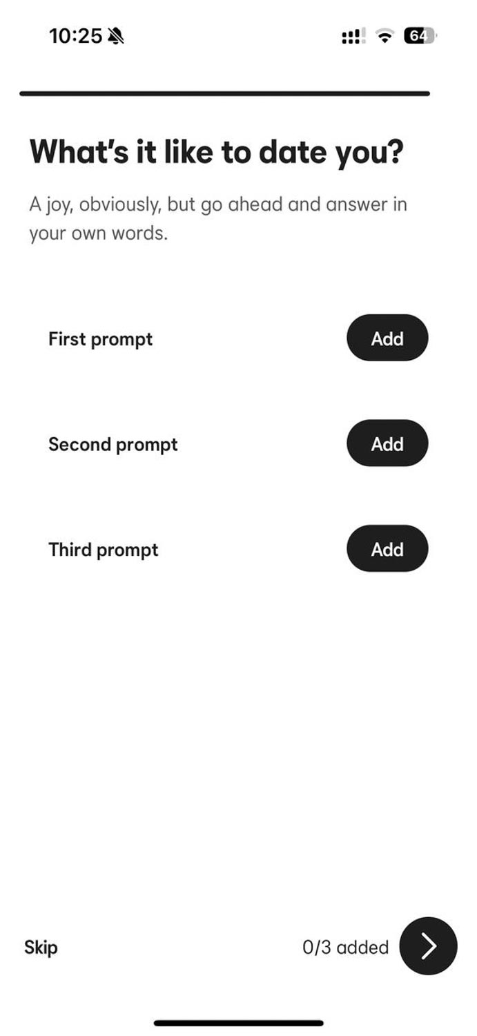 Screenshot of a dating app page for filling in what it's like to date the user.