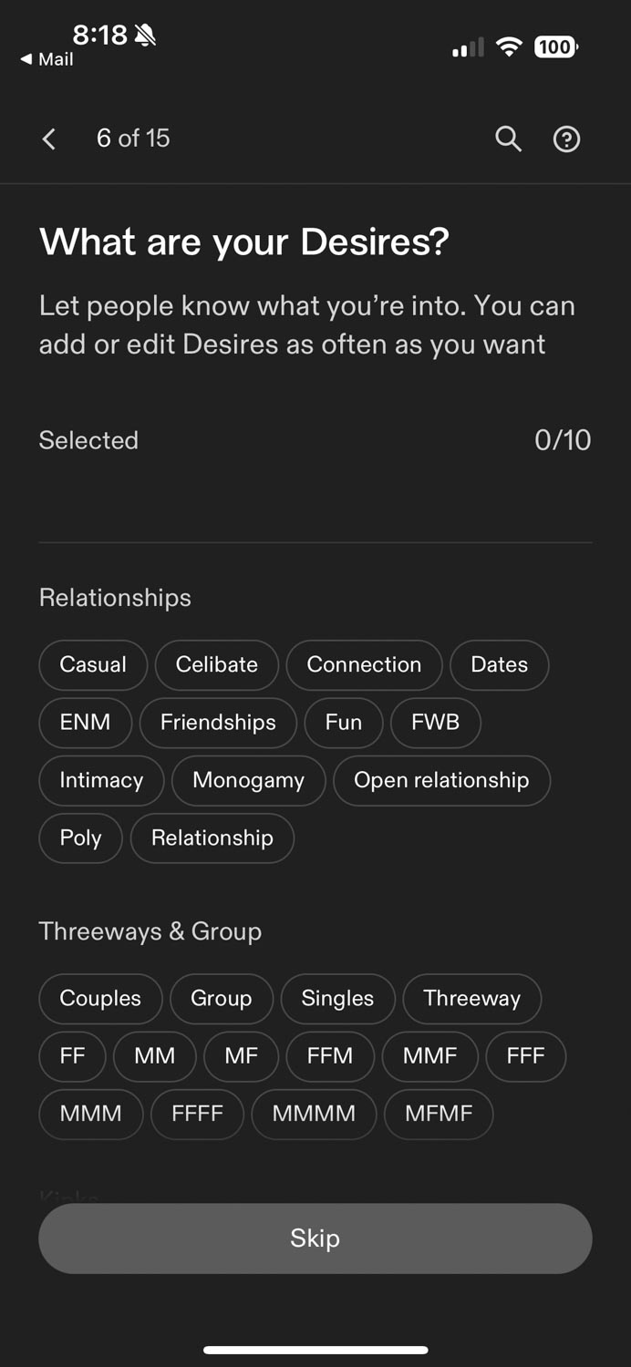Screenshot of a queer dating app page for choosing interests.