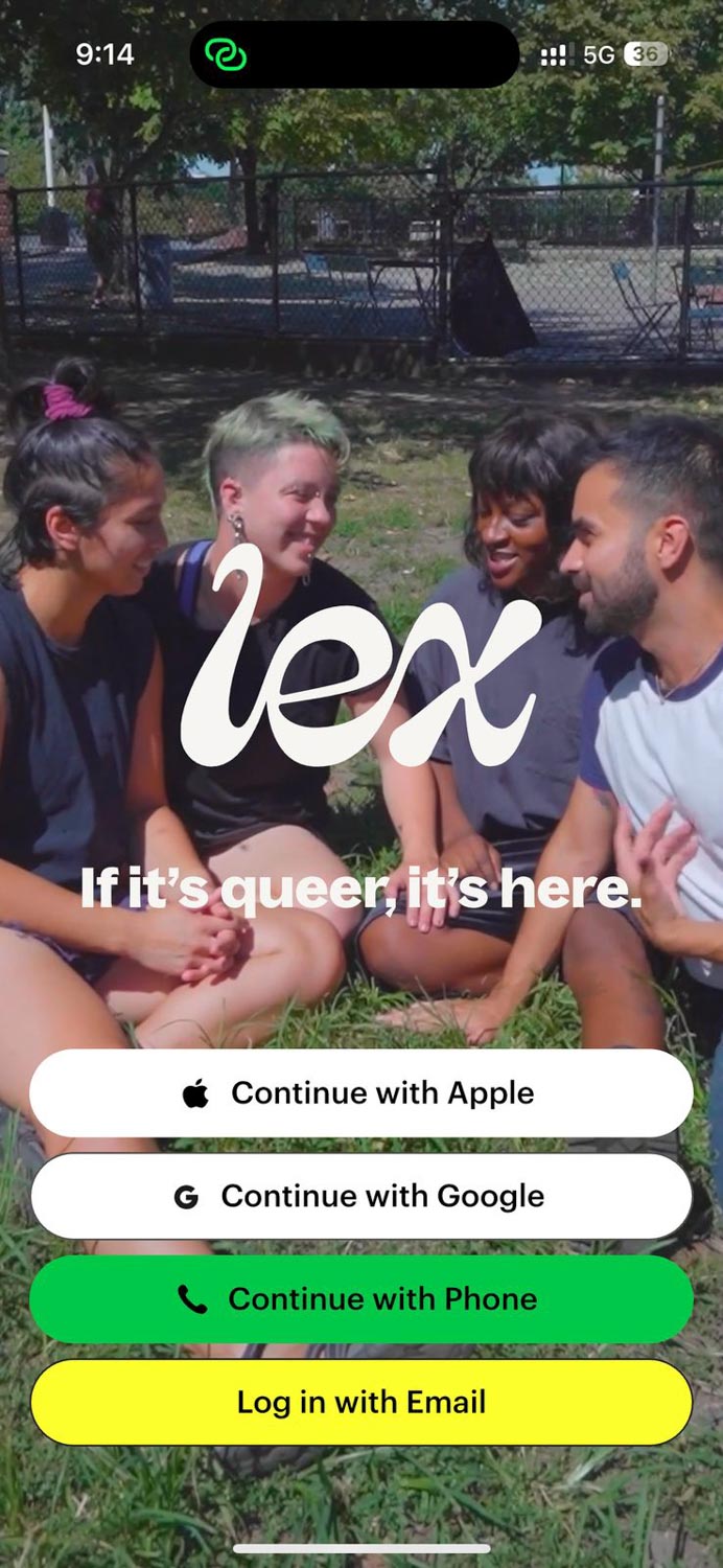 Screenshot of a queer dating app sign in page.