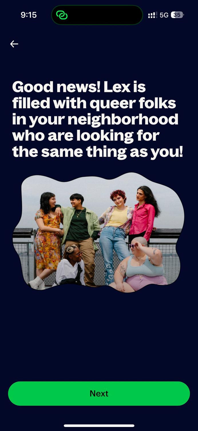Screenshot of a queer dating app introduction page.