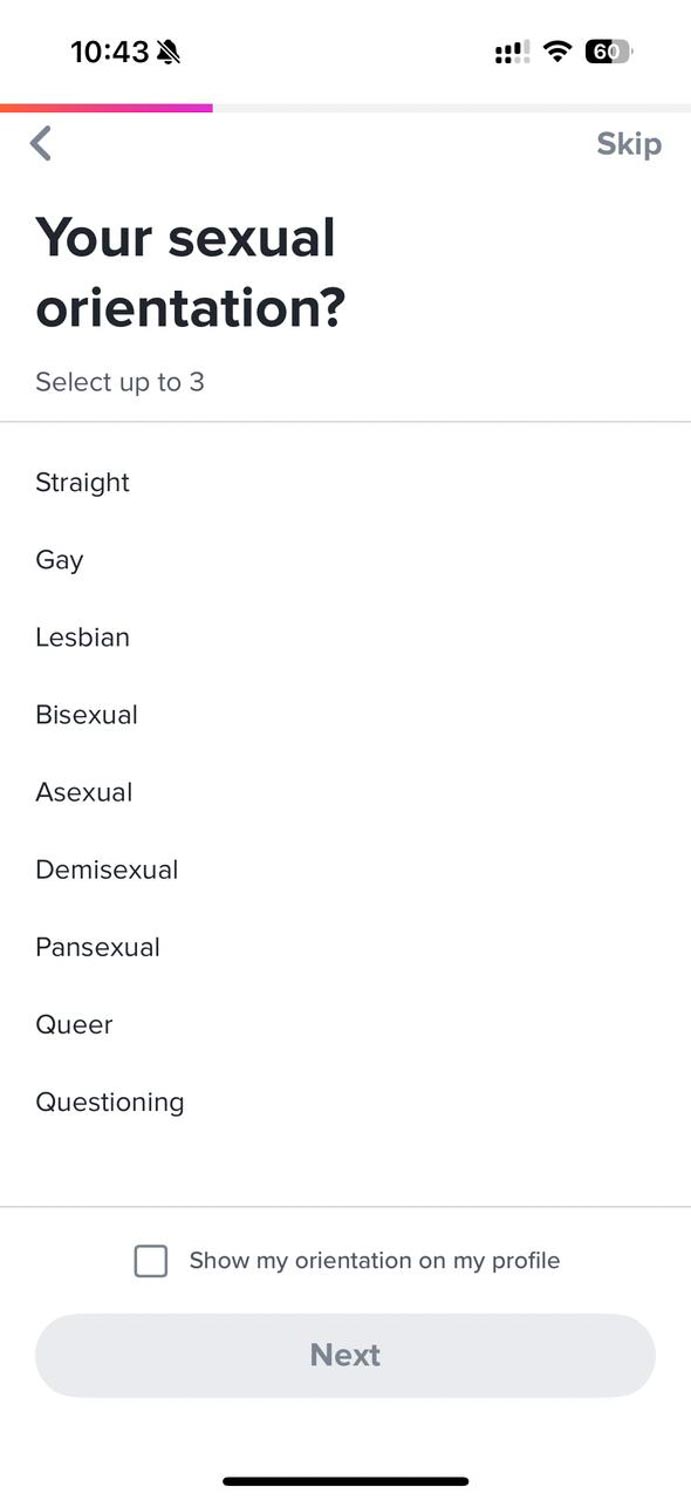 Screenshot of a dating app page for choosing sexual orientation.