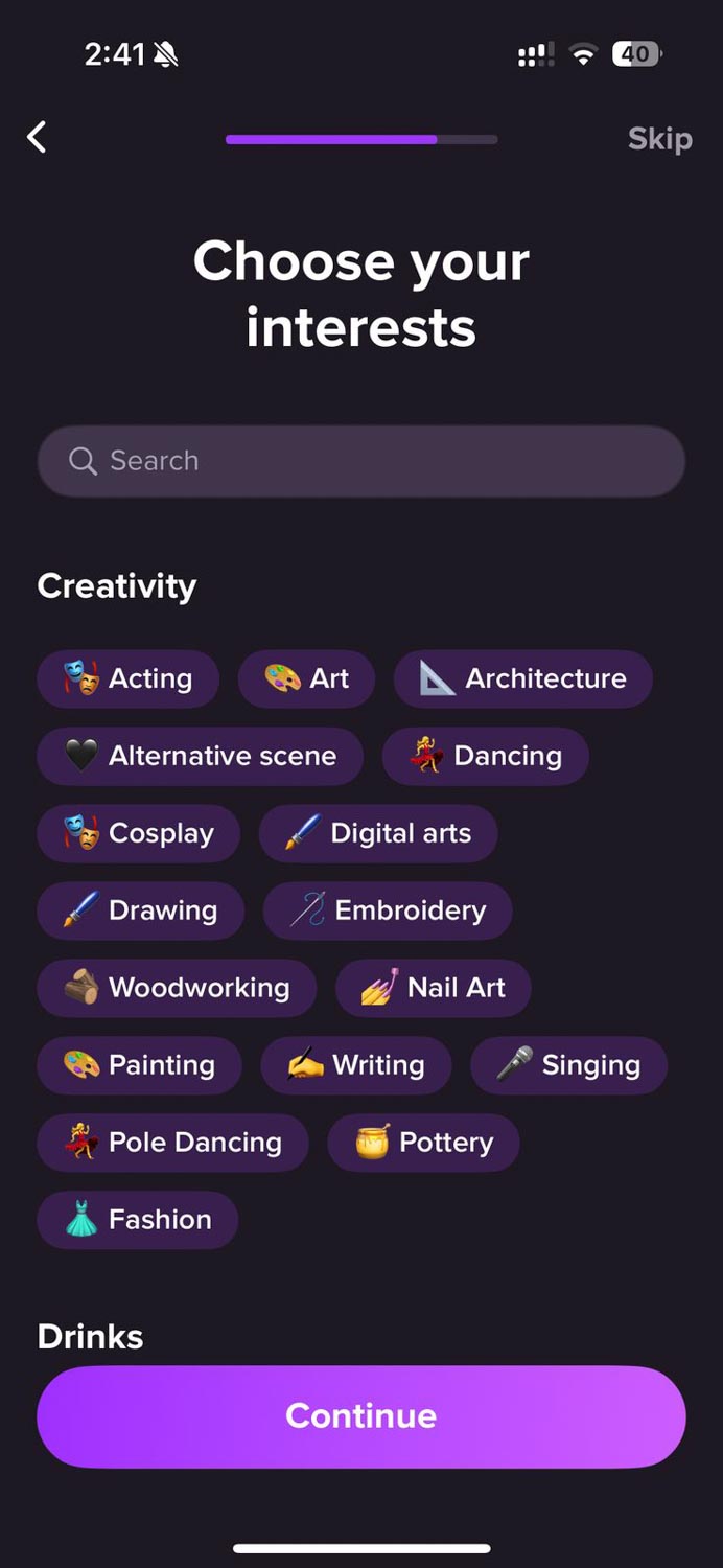 Screenshot of a lesbian dating app's interests page.