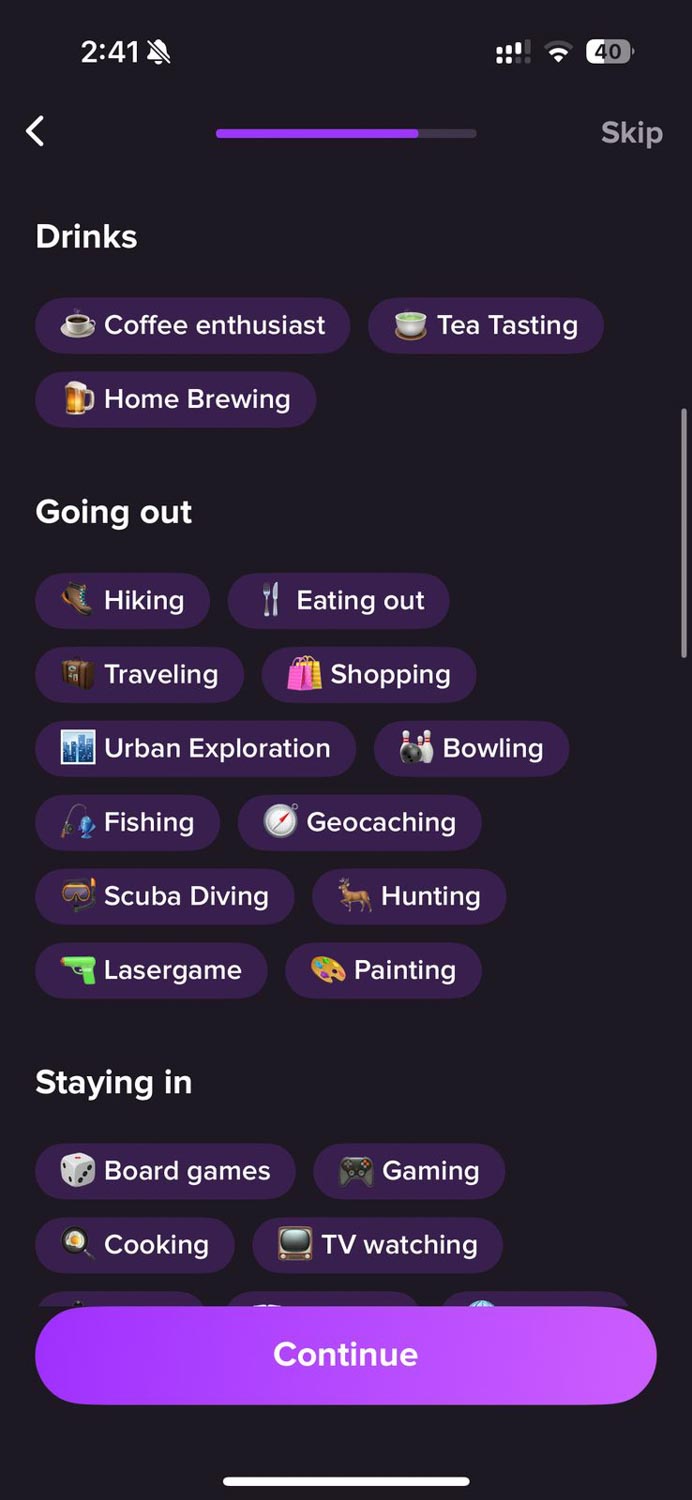 Screenshot of a lesbian dating app page for choosing interests.