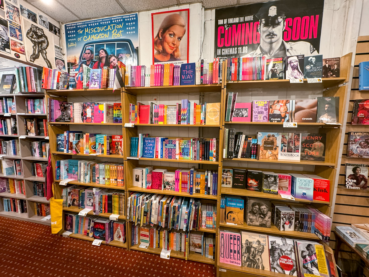 Books on the shelves inside a queer bookstore in London.